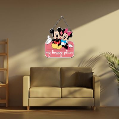 GIFTMEBAZAR My Happy Place With Mickey Mouse Cartoon Theme Wooden Wall Hanging For Home, Living Room & Office Decor Wall Art Modern Decor Item